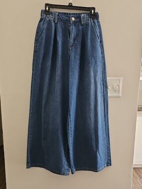 Wide Leg High-Waist Denim Pants in Dark Blue